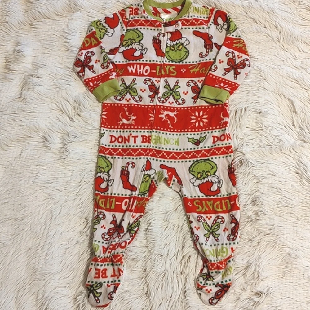 🎄Grinch Toddler Long Sleeve Fleece Christmas Zip-Up Footie Pajamas Size 12 Mos